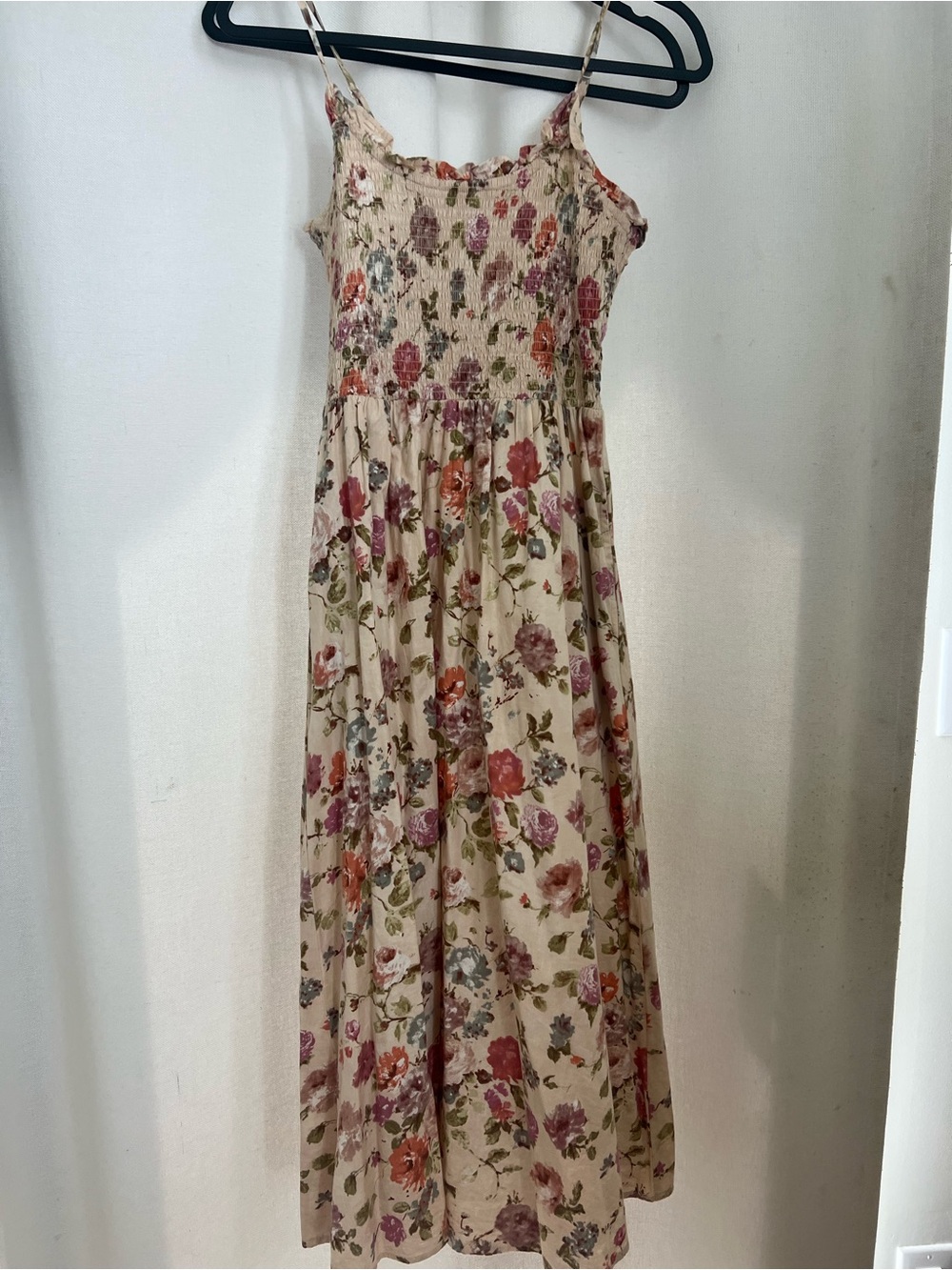 Floral Smocked Midi Dress in Beige with Pink & Green Accents